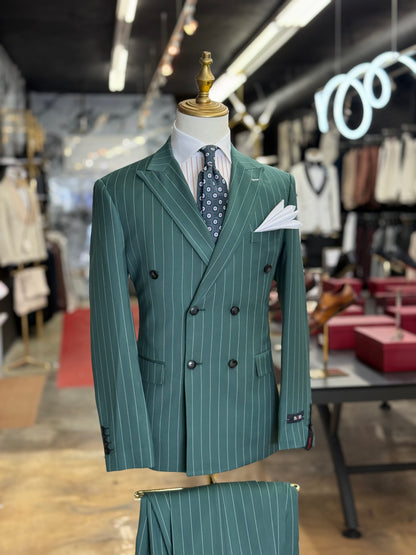 Viridian Green Double-Breasted Pinstripe Suit