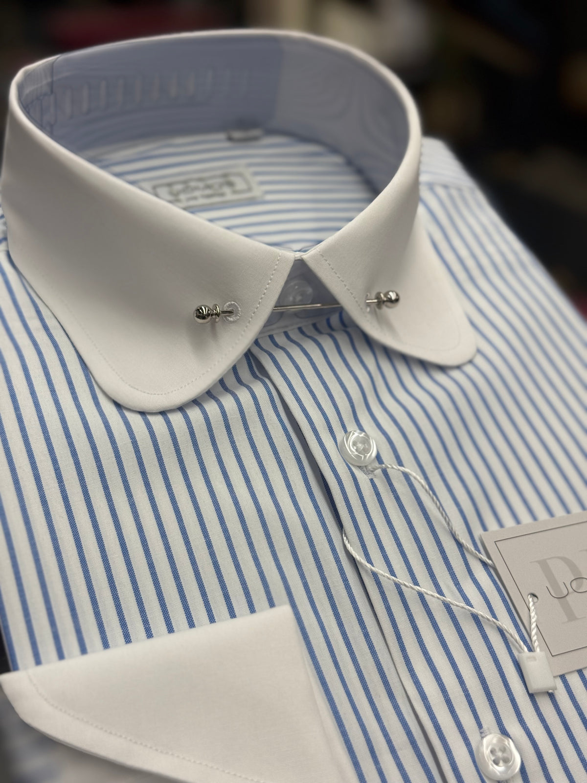 White & Blue Stripe Club Pin Collar Shirt with Neapolitan Cuffs