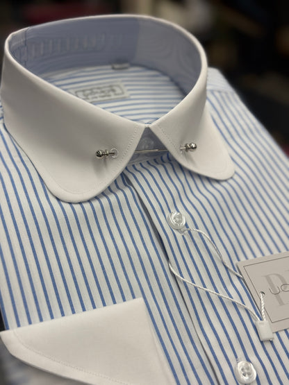 White & Blue Stripe Club Pin Collar Shirt with Neapolitan Cuffs