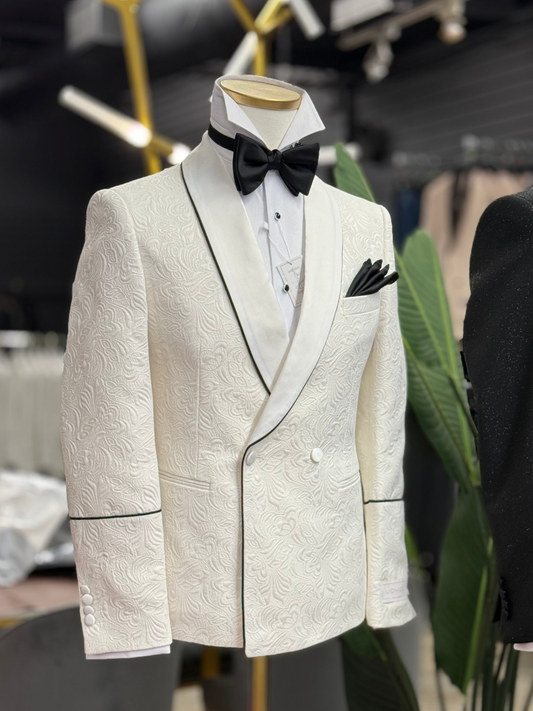 Ivory Jacquard Shawl Lapel Tuxedo Double Breasted
