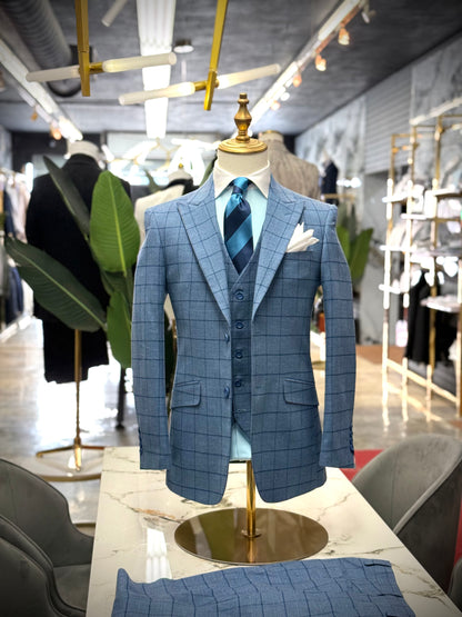 Plaid Flannel L Blue Three Pieces Vested Suit
