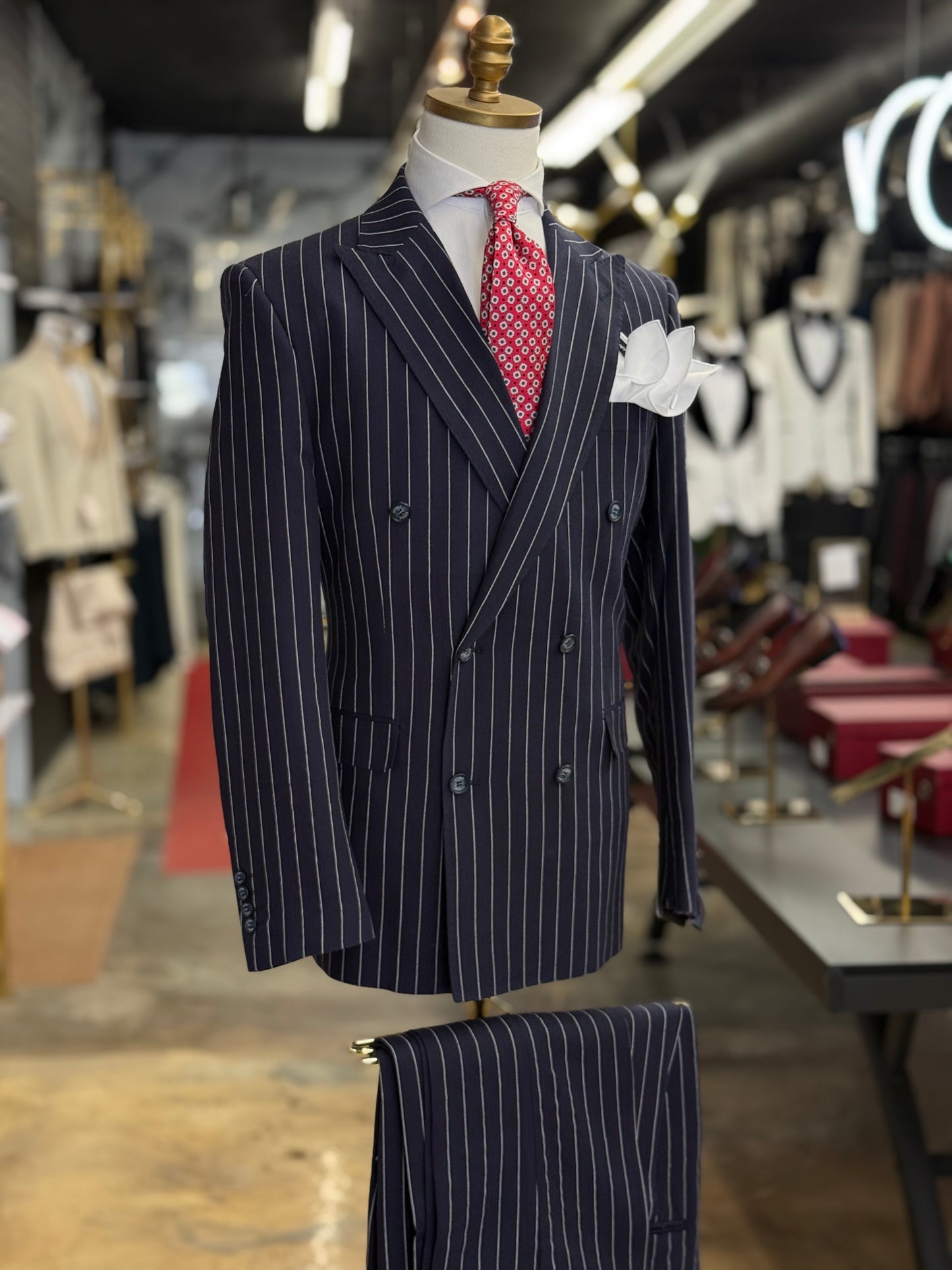 Regent Navy Pinstripe Double-Breasted Suit 100% Linen