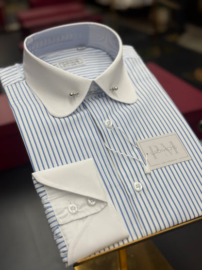 White & Blue Stripe Club Pin Collar Shirt with Neapolitan Cuffs