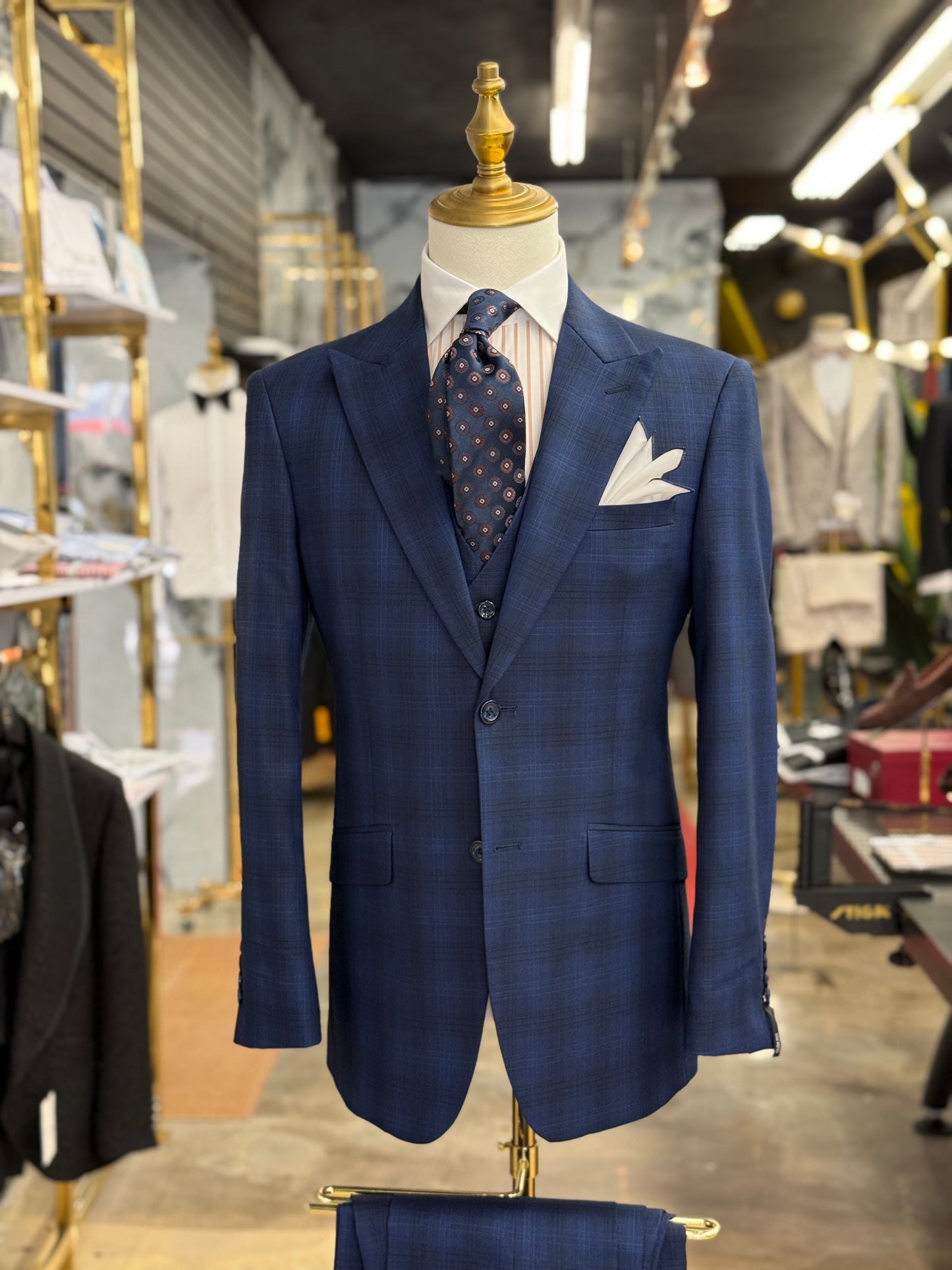 Textured Glen Check Indigo Three Pieces Vested Suit