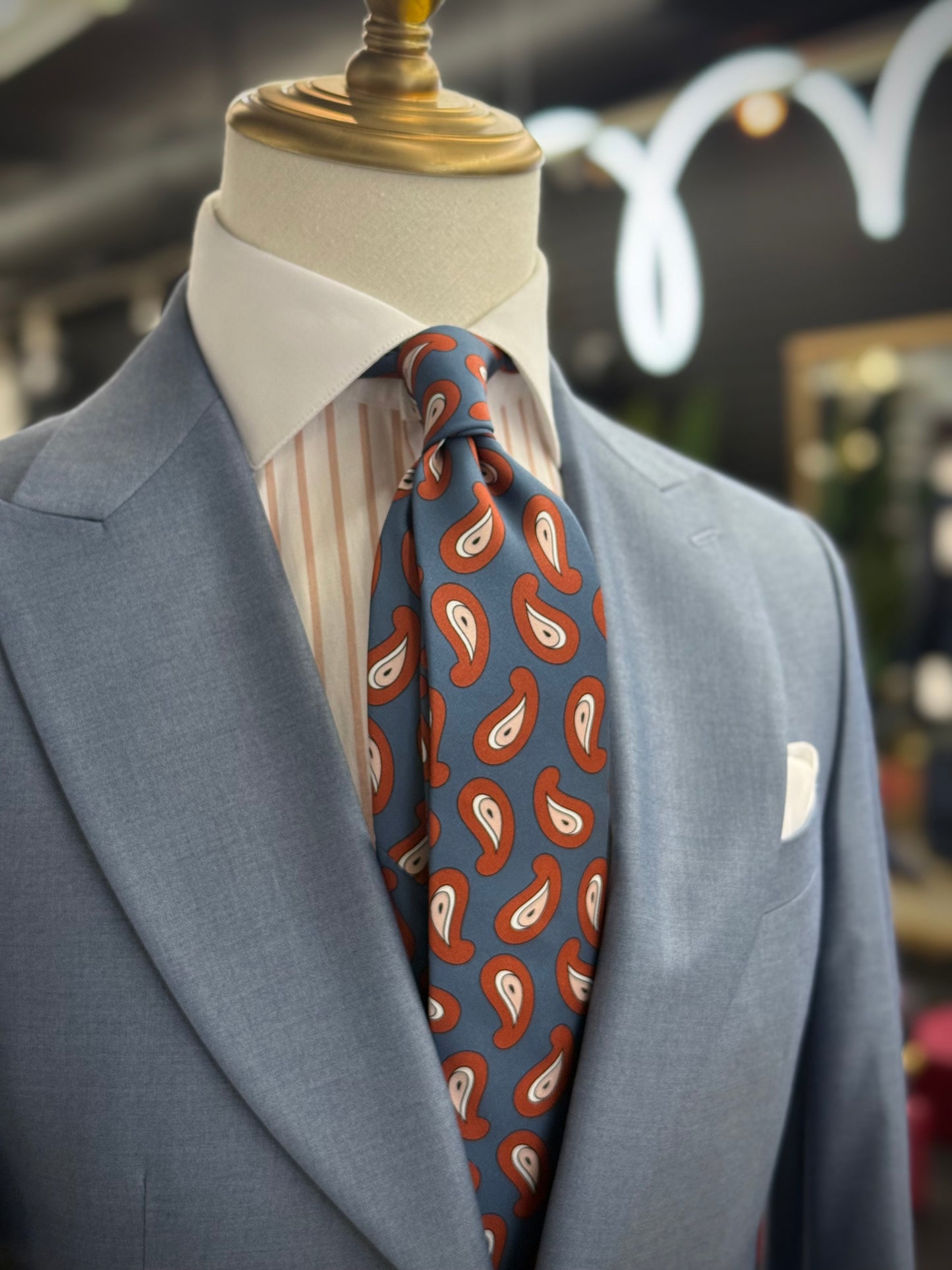 Necktie Geometrical Paisley Powder Dusty Blue & Rust Blush Tie
