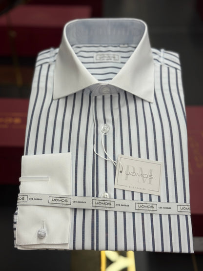 White spread collar / Mid night Blue striped cotton shirt slim