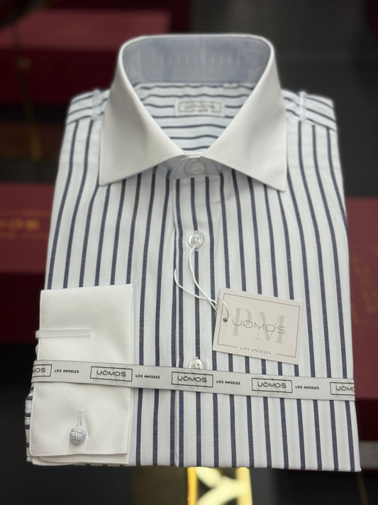 White spread collar / Mid night Blue striped cotton shirt slim
