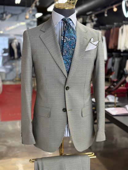 Sage Olive Green Micro Houndstooth Wide Notch Lapel Two Pieces Suit