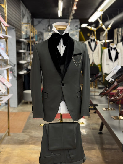 Olive Green Shawl Lapel Velvet Edition