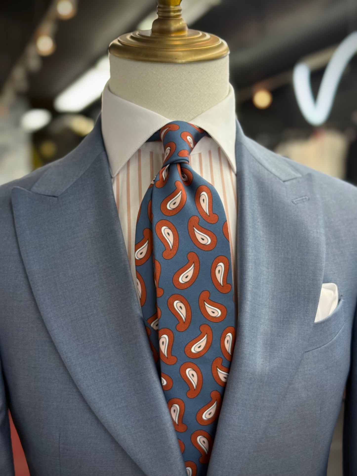 Necktie Geometrical Paisley Powder Dusty Blue & Rust Blush Tie