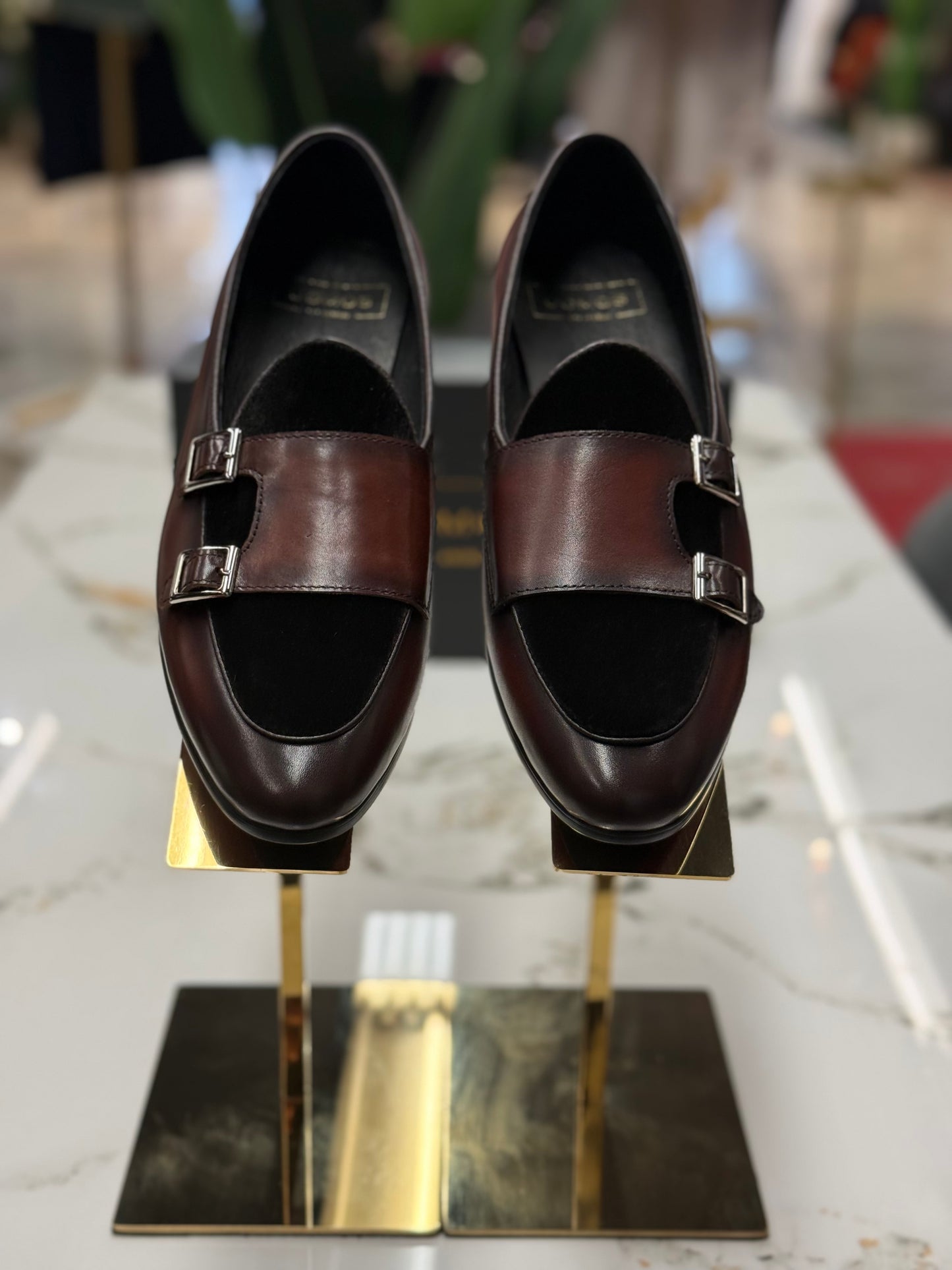 Uomos Brown Bordeaux Leather double monk velvet loafers