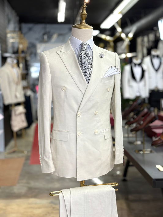 Off White Double-Breasted Suit 100% Linen