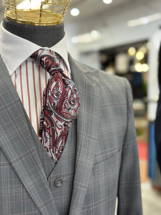 Necktie Big Paisley Silver Grey & Burgundy