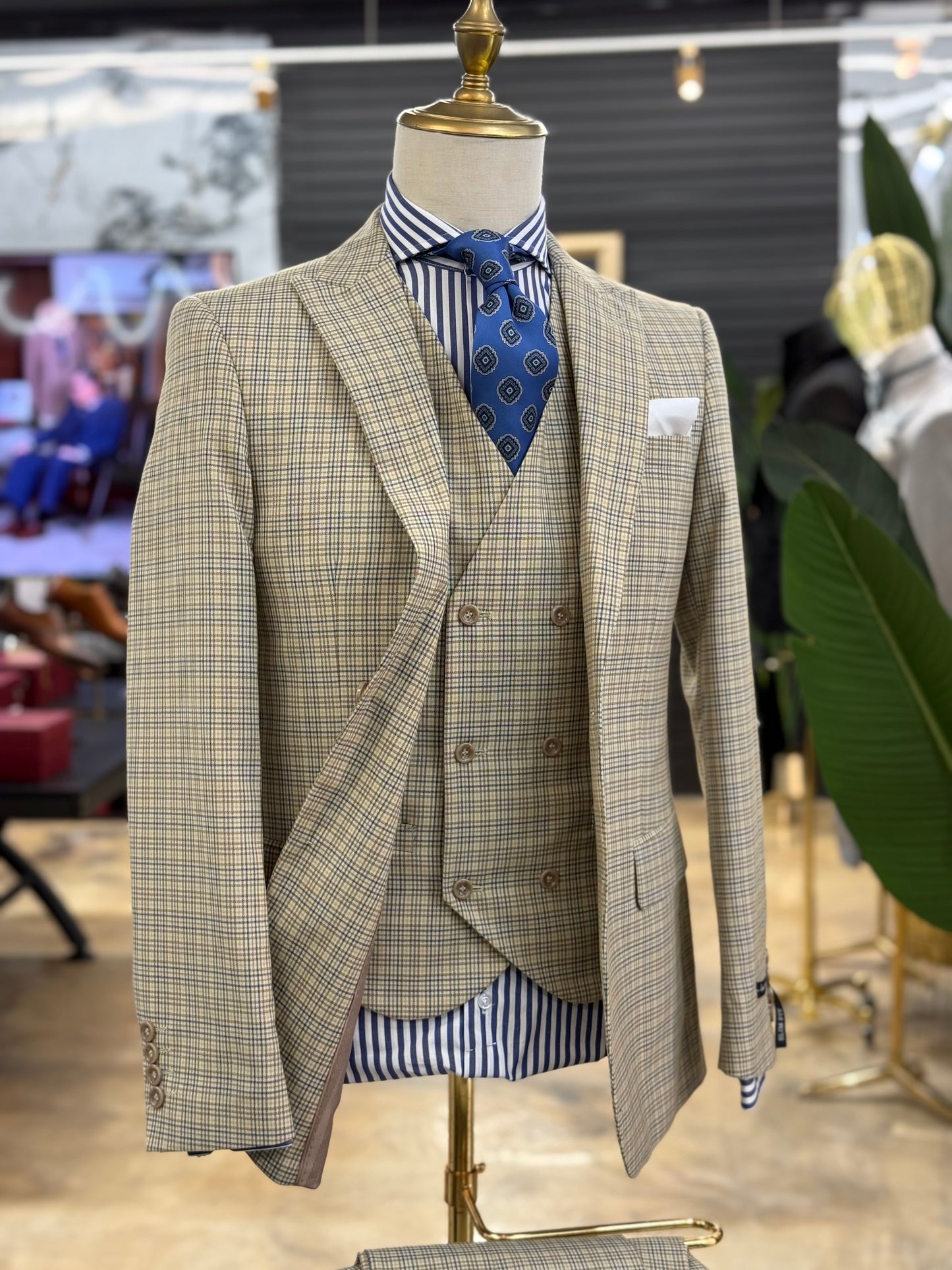 Light Beige with Blue & Brown Check Pattern Three Pieces Vested Suit