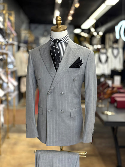 Sterling Grey Double-Breasted Pinstripe Suit