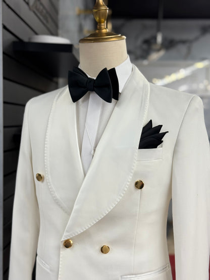 Off White Shawl Lapel & Gold buttons Tuxedo Double Breasted