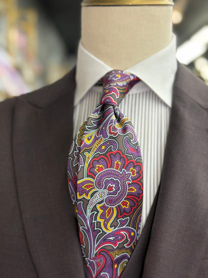 Necktie Bold Paisley Purple pattern with charcoal, red, gold, and ivory