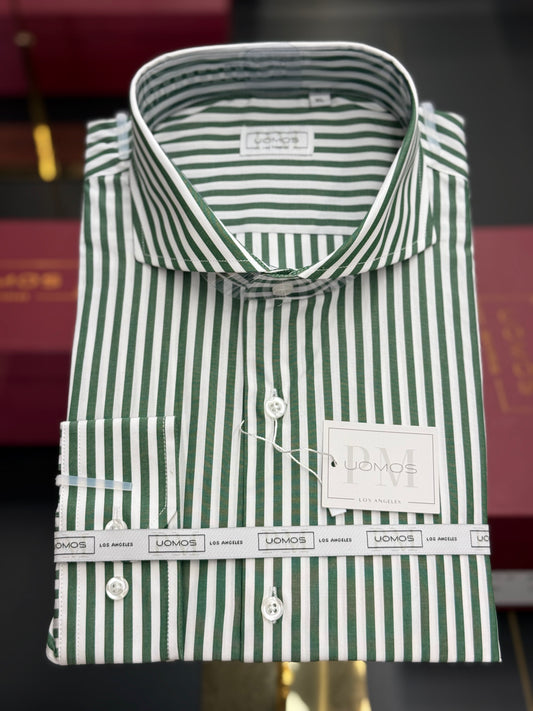 White and hunter green striped cut-away cotton shirt slim
