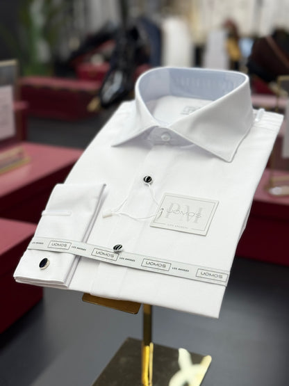 Tuxedo White shirt, tuxedo buttons, spread collar, french cuffs.