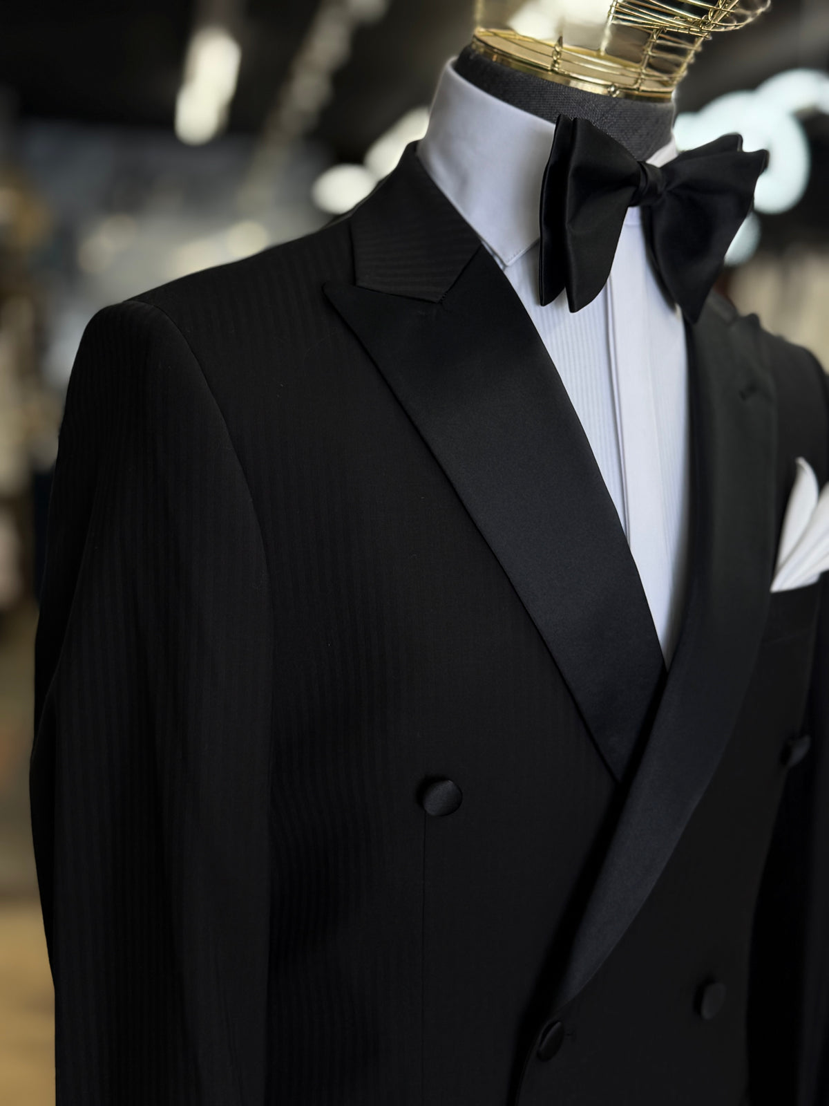 Black Peak Lapel Tone-on-Tone Stripe Double-Breasted Tuxedo