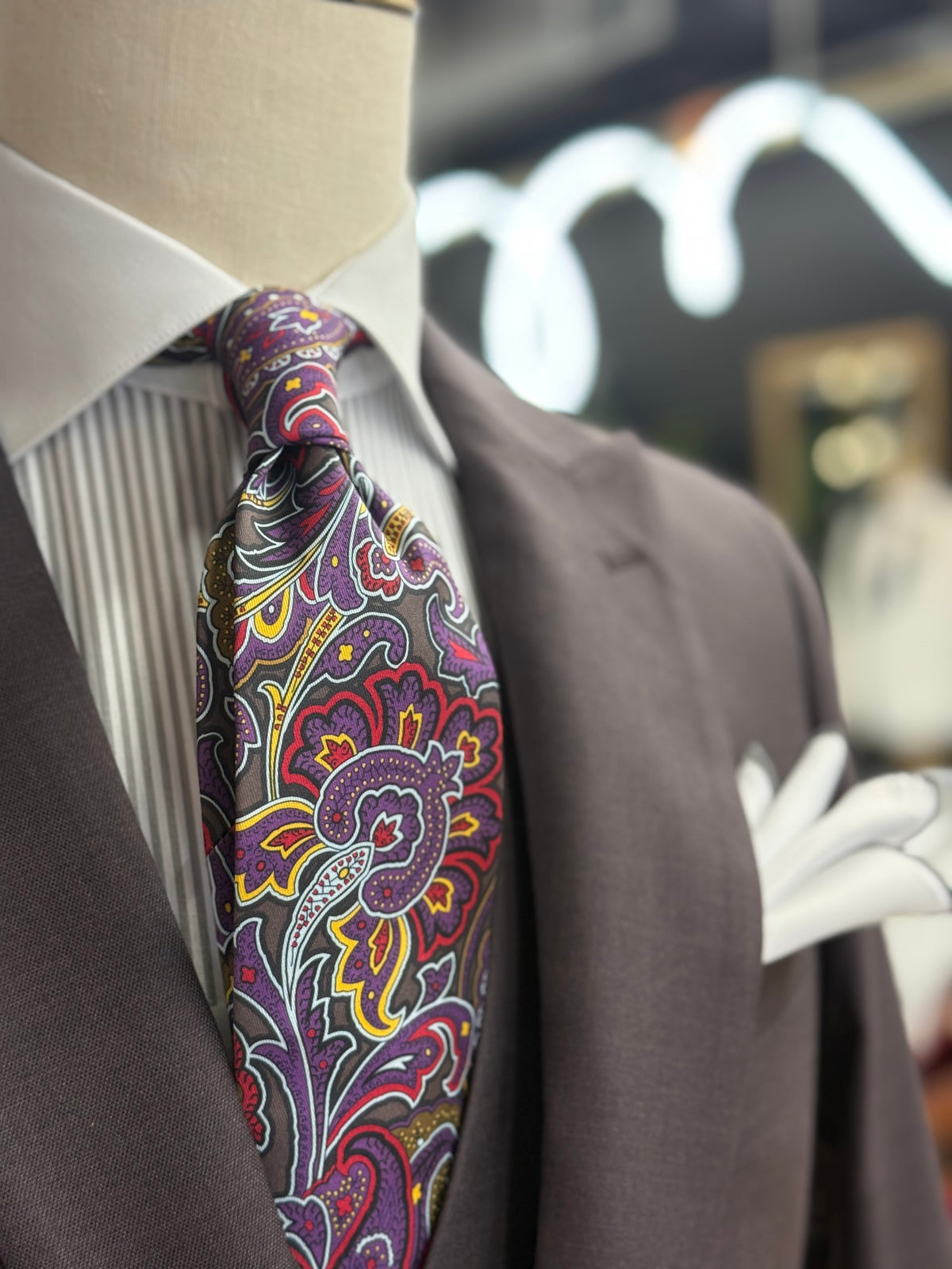 Necktie Bold Paisley Purple pattern with charcoal, red, gold, and ivory