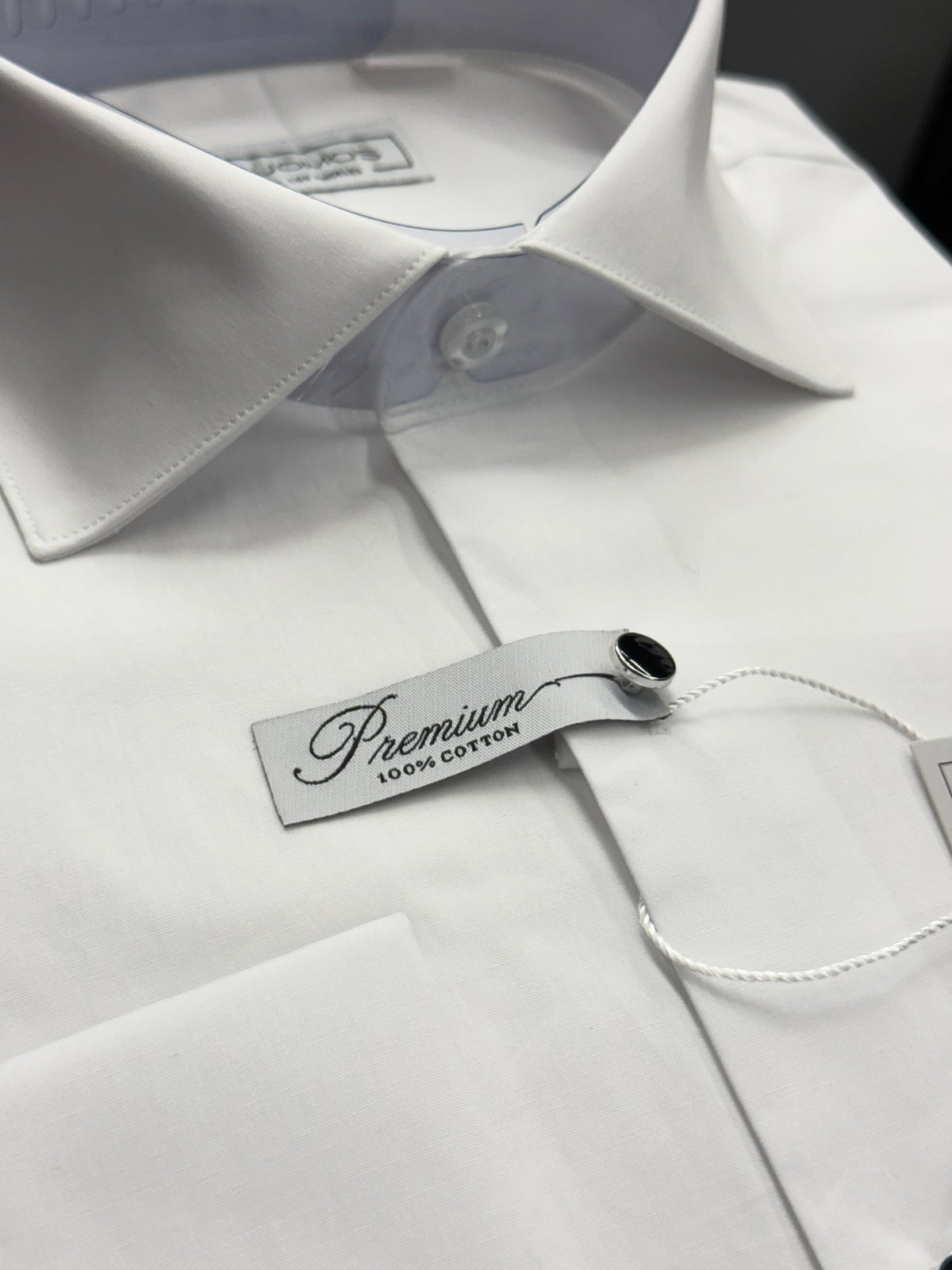Tuxedo 100% Cotton White shirt, tuxedo buttons, spread collar, french cuffs.