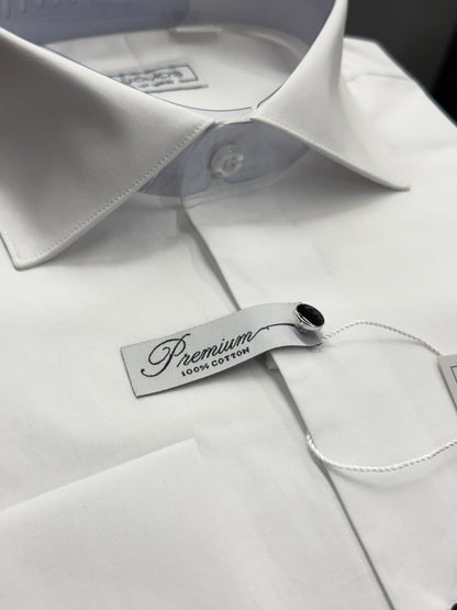 Tuxedo 100% Cotton White shirt, tuxedo buttons, spread collar, french cuffs.