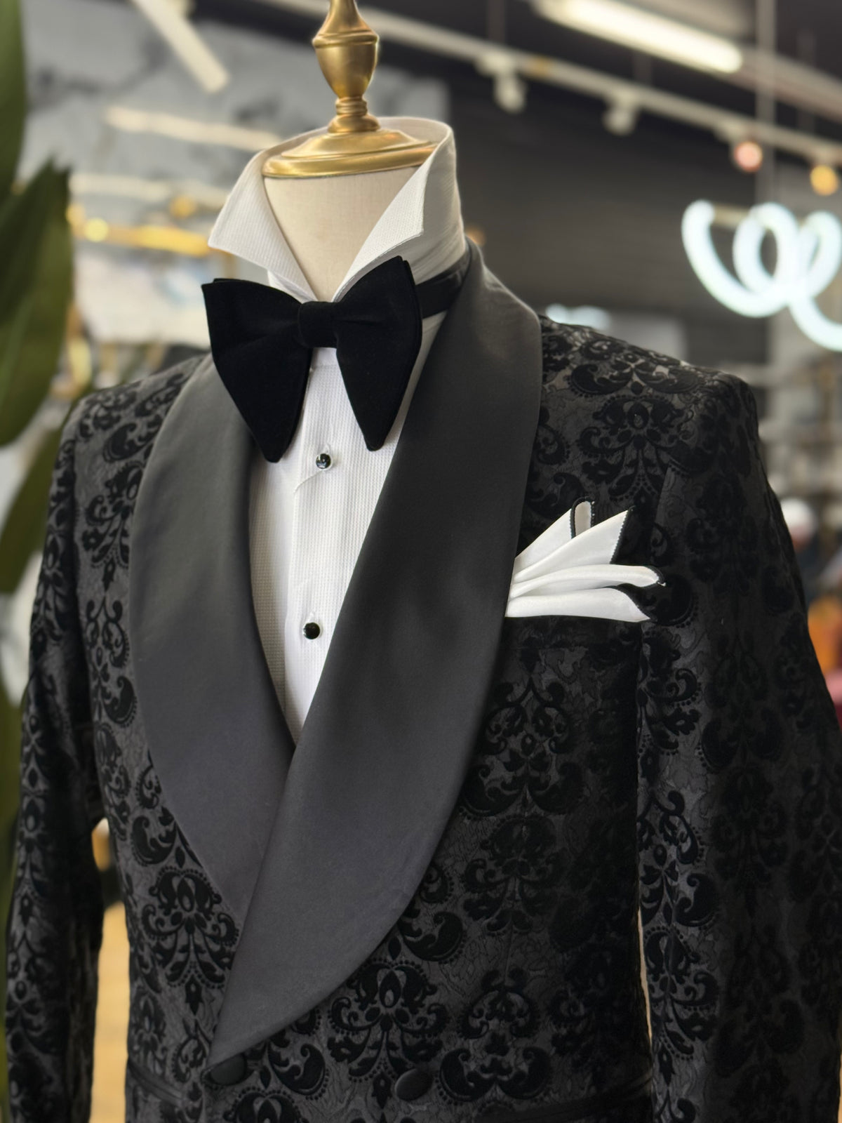 Black Damask Jacquard Tuxedo with Satin Shawl Lapel