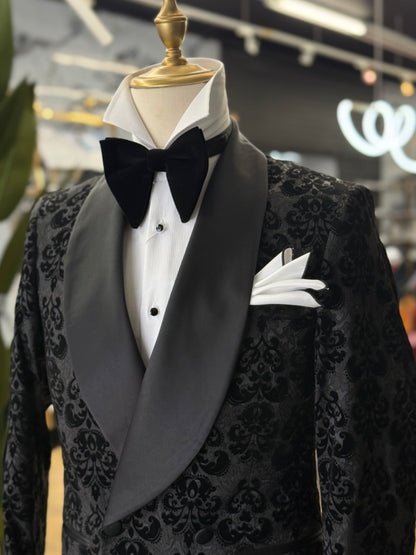 Black Damask Jacquard Tuxedo with Satin Shawl Lapel
