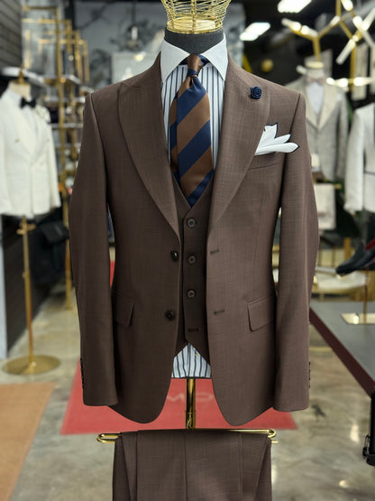 Light Mocha Brown Three Pieces Wide Peak Lapel Suit