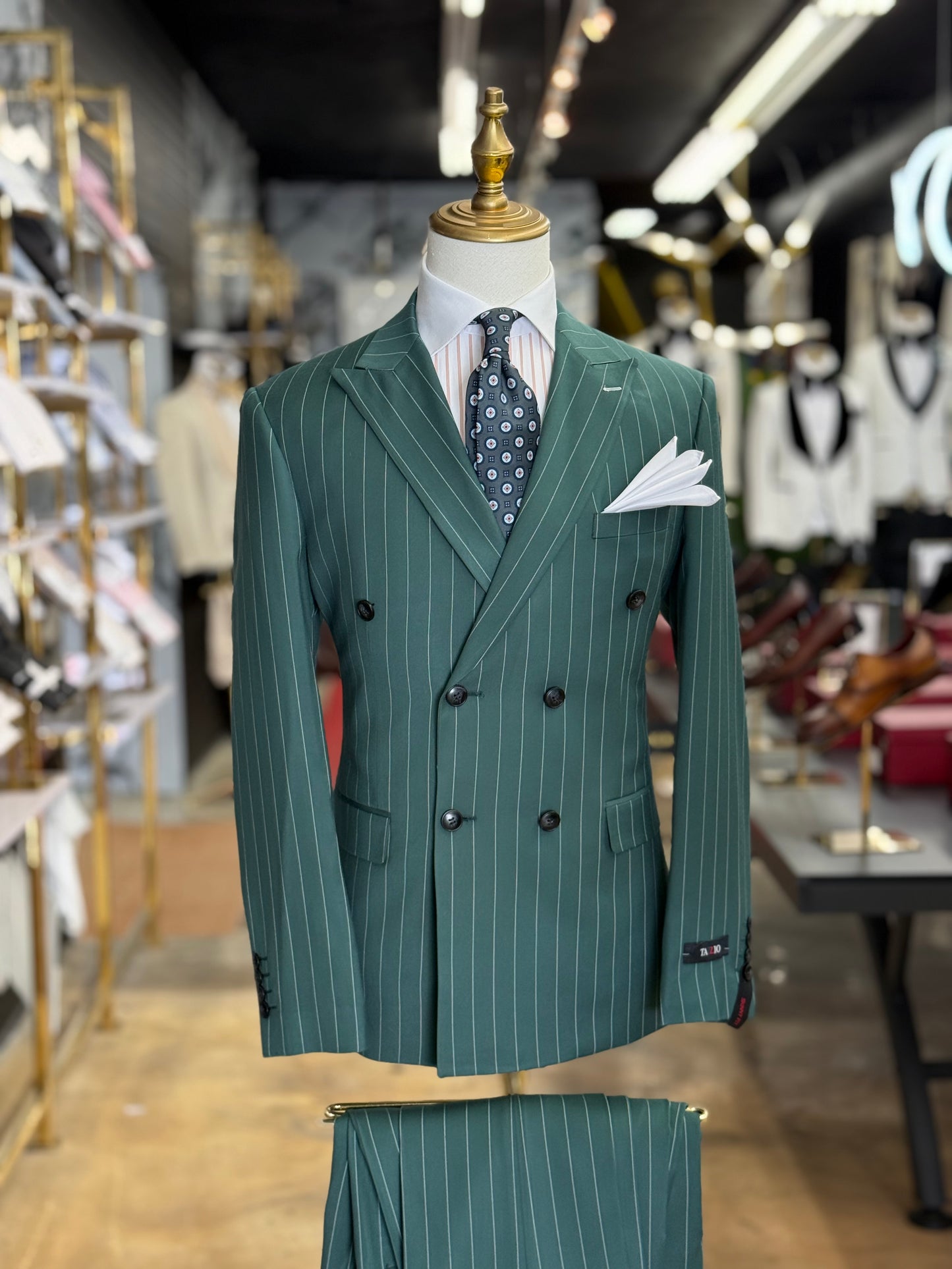 Viridian Green Double-Breasted Pinstripe Suit