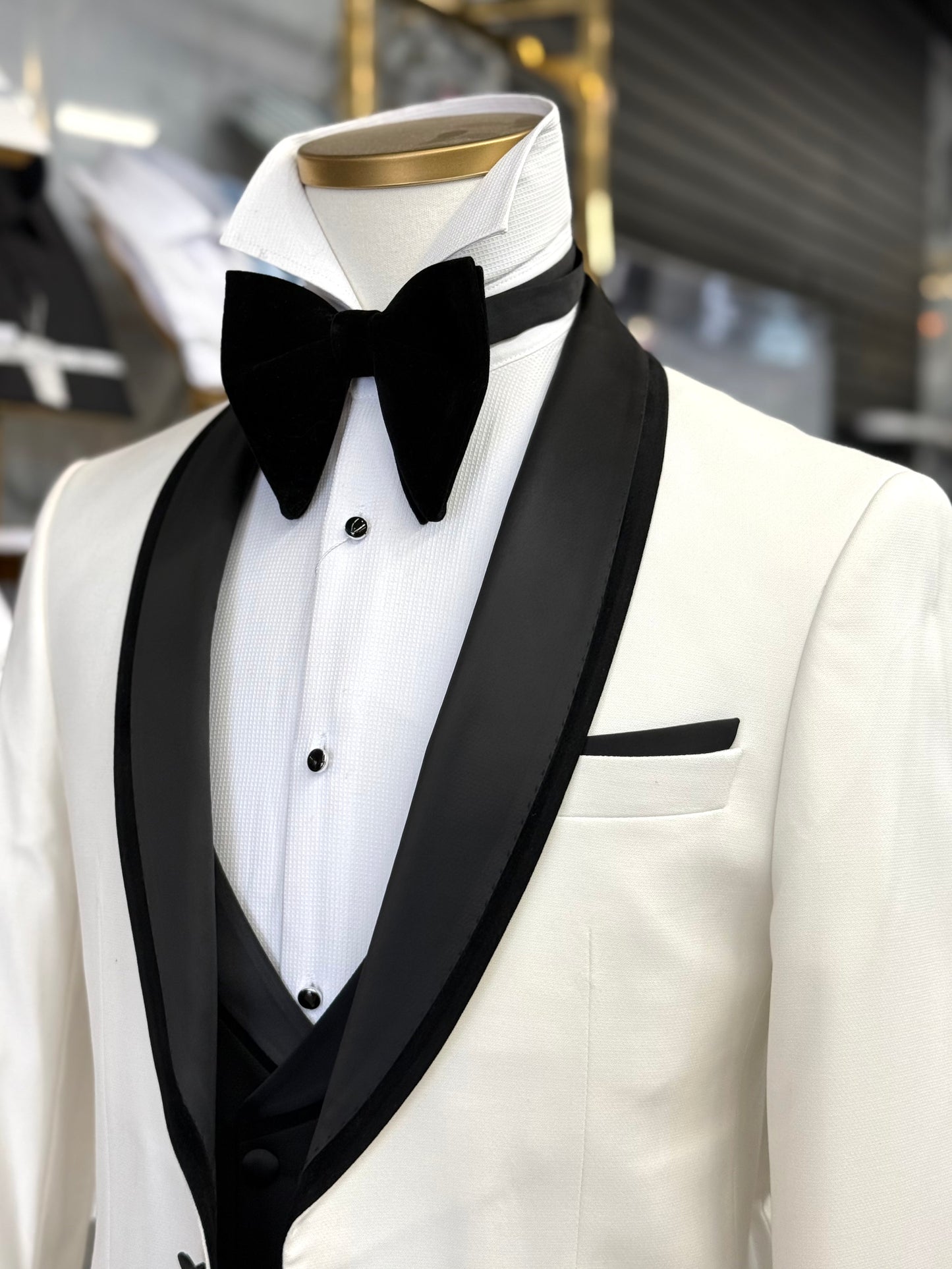 Off White Birdseye Velvet Trim Shawl Tuxedo