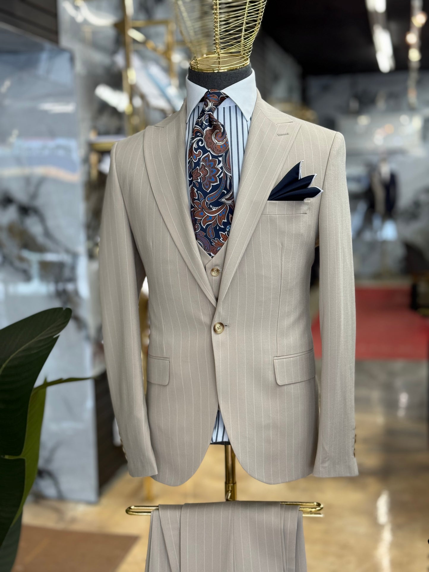 Light Beige Pinstripe Euro Suit
