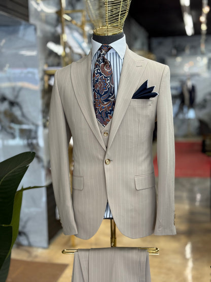Light Beige Pinstripe Euro Suit
