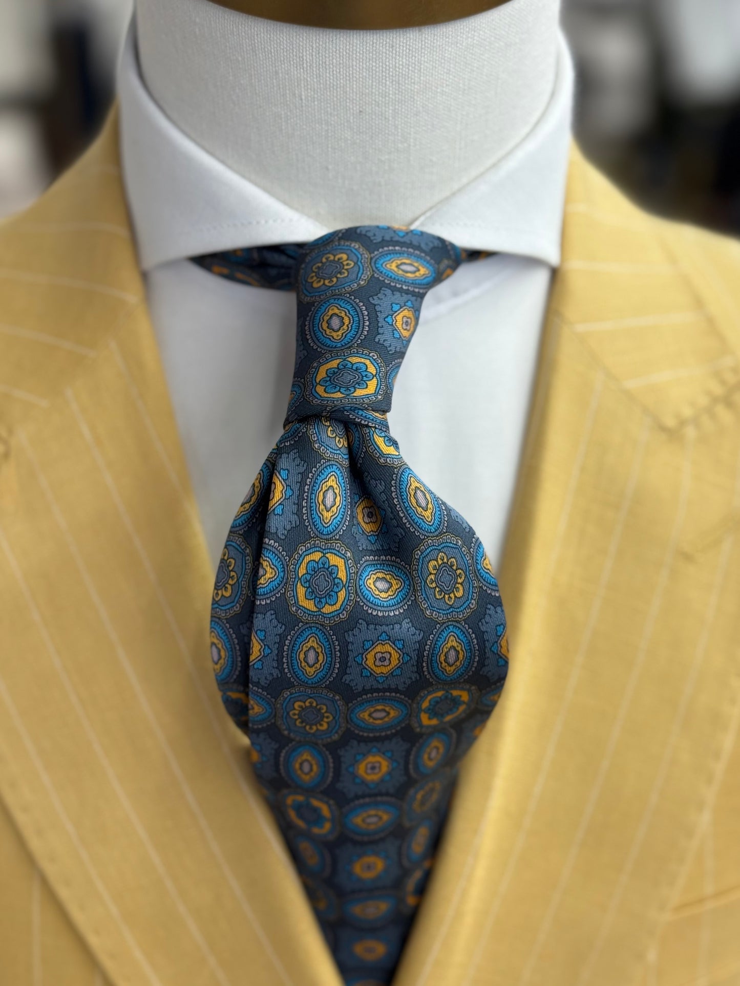 Necktie Slate Blue and Gold Azure Medallion