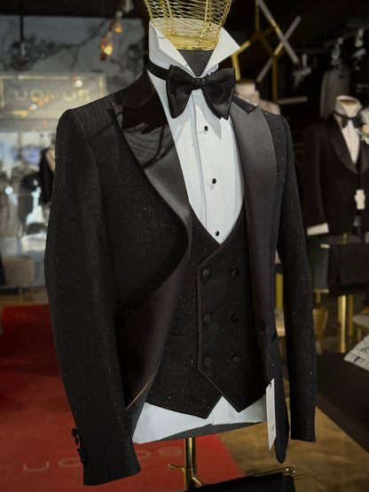 Black Glitter Peak Lapel Tuxedo – Luxury 3 Piece