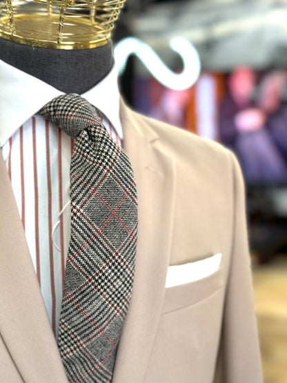 Necktie Glen Plaid Silver Grey, Beige & Red