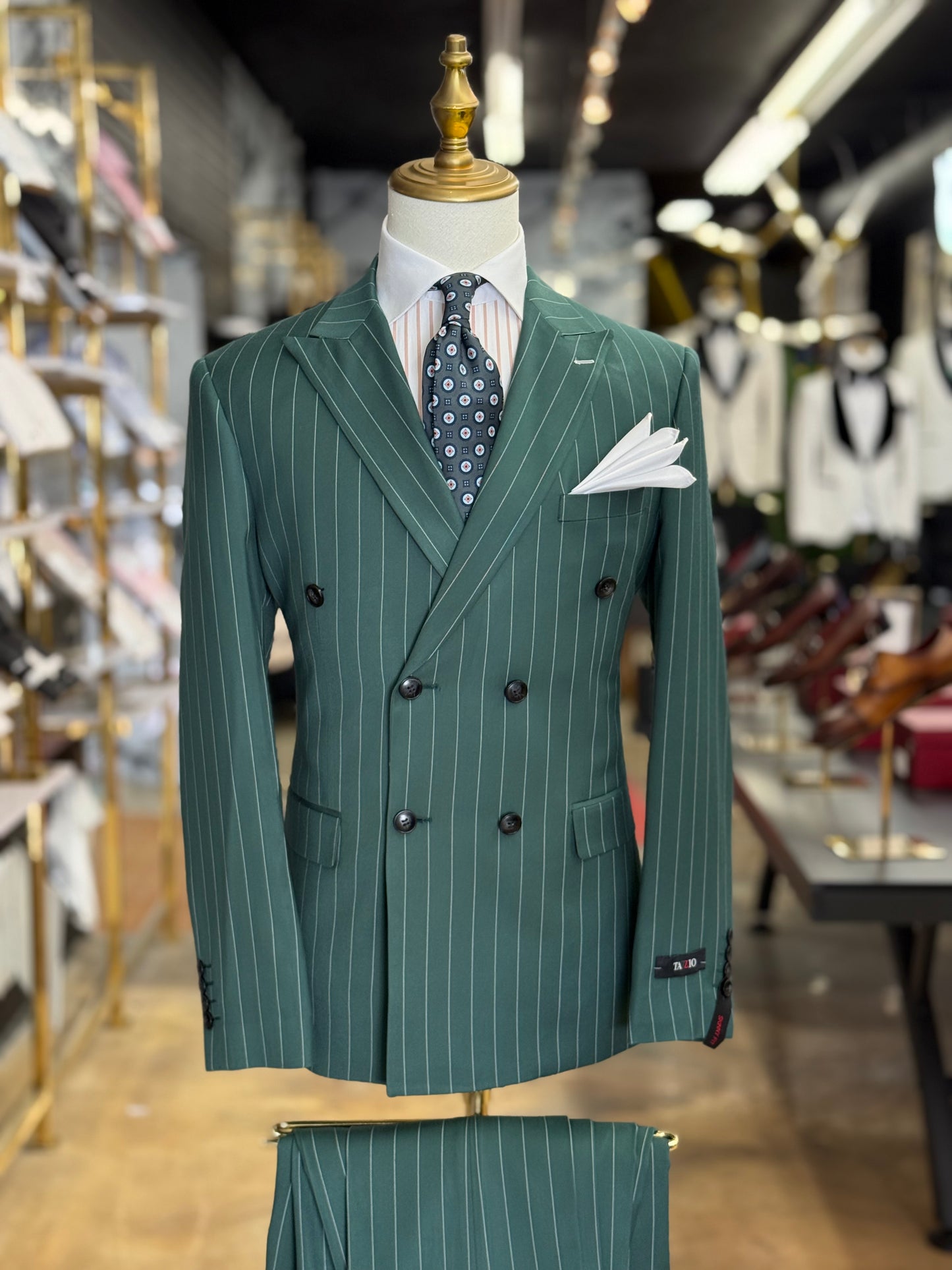 Viridian Green Double-Breasted Pinstripe Suit