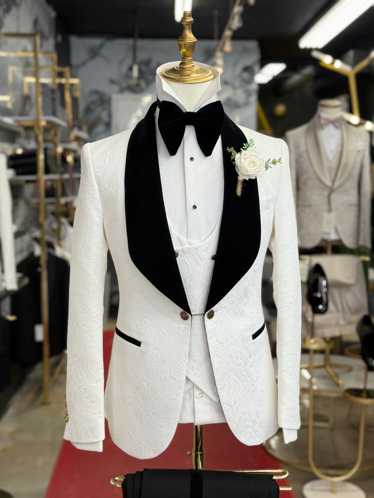 White Jacquard Jacket Black Velvet Shawl Lapel Tuxedo