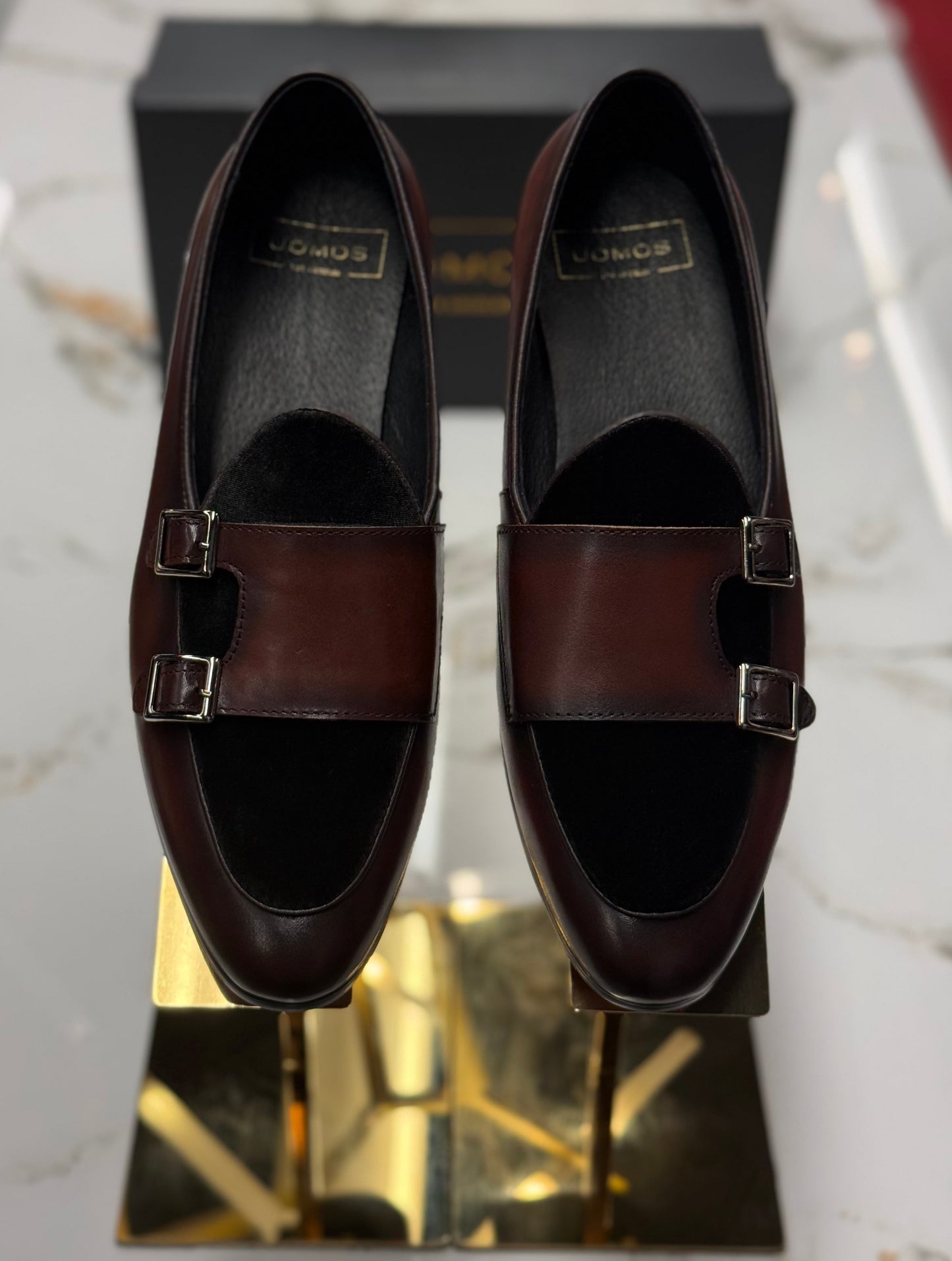 Uomos Brown Bordeaux Leather double monk velvet loafers