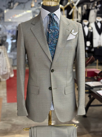 Sage Olive Green Micro Houndstooth Wide Notch Lapel Two Pieces Suit