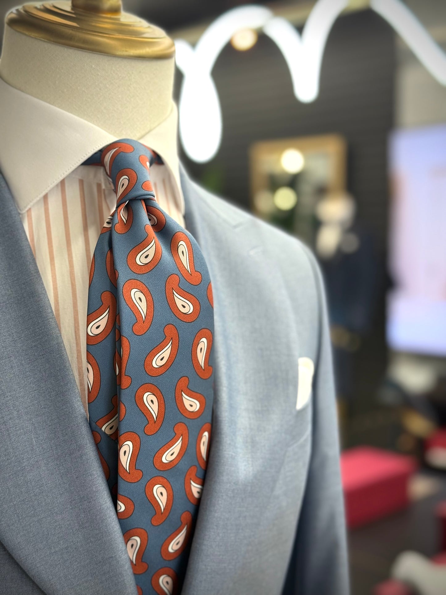 Necktie Geometrical Paisley Powder Dusty Blue & Rust Blush Tie