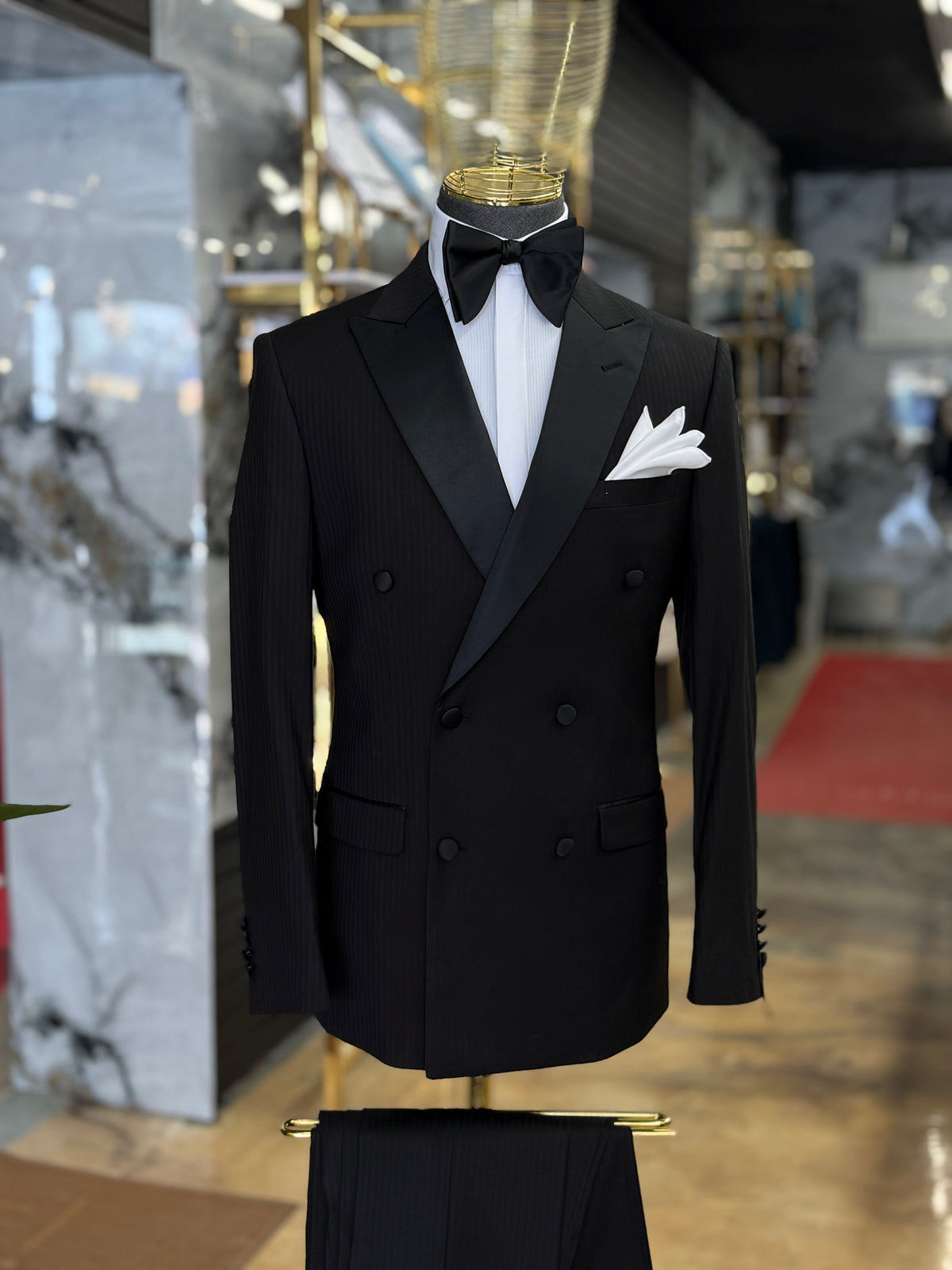 Black Peak Lapel Tone-on-Tone Stripe Double-Breasted Tuxedo