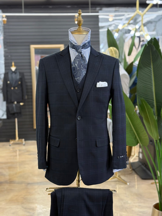 Black & Blue Three Pieces Vested Suit