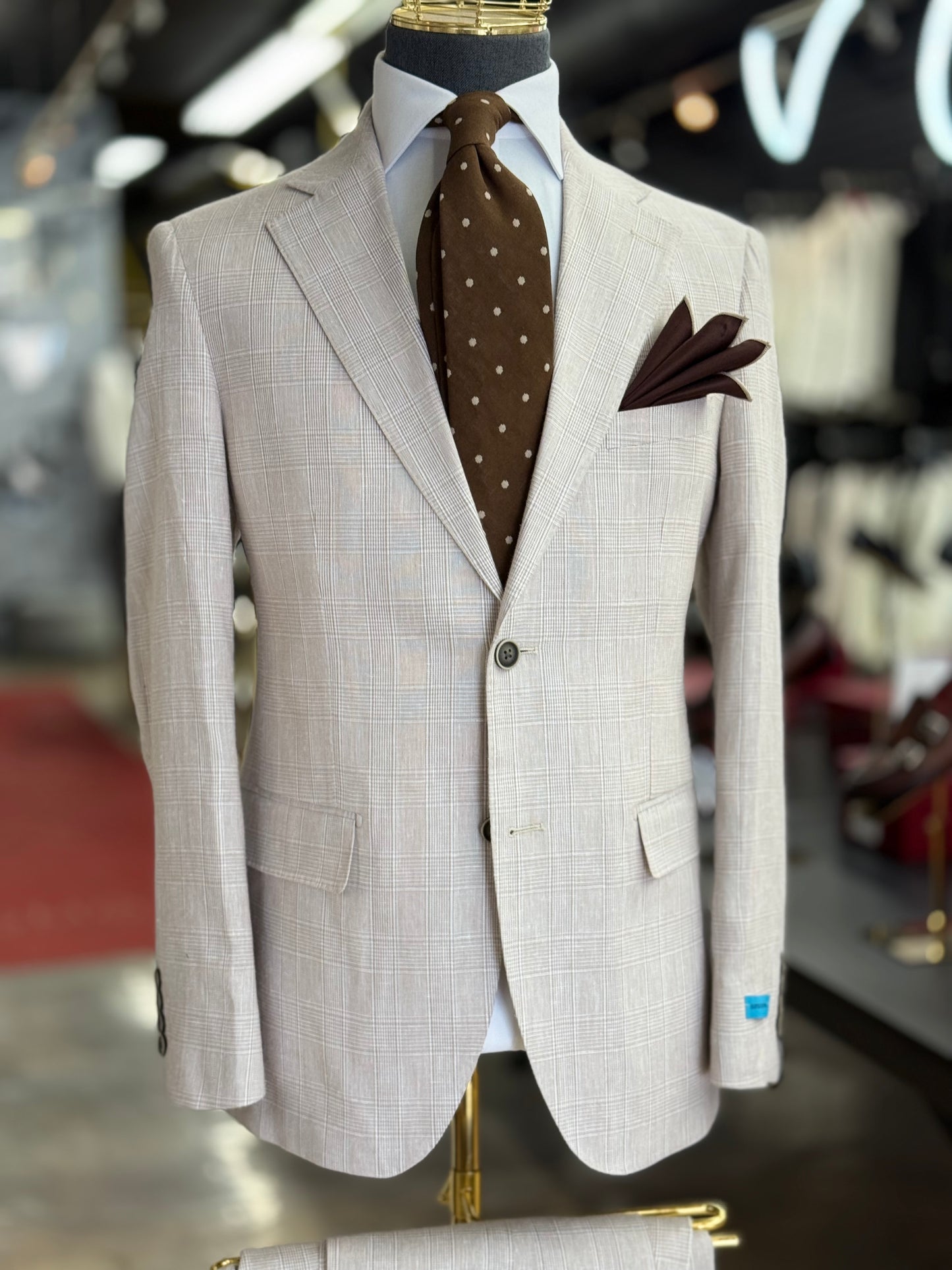 Light Tan Glen Plaid Super 150’s Wool Suit Notch Lapel