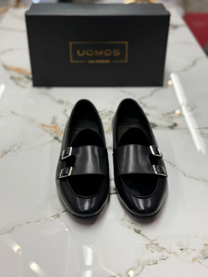 Uomos Black Leather double monk velvet loafers
