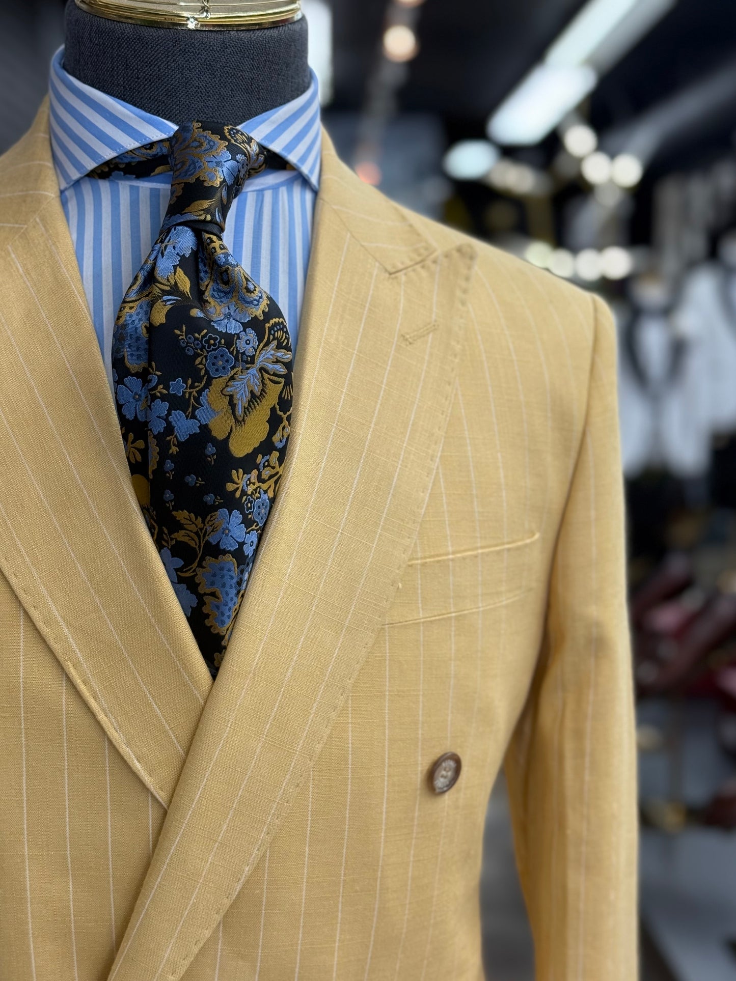 Mustard Pinstripe Double-Breasted Suit 100% Linen