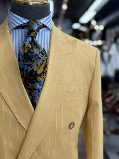 Mustard Pinstripe Double-Breasted Suit 100% Linen