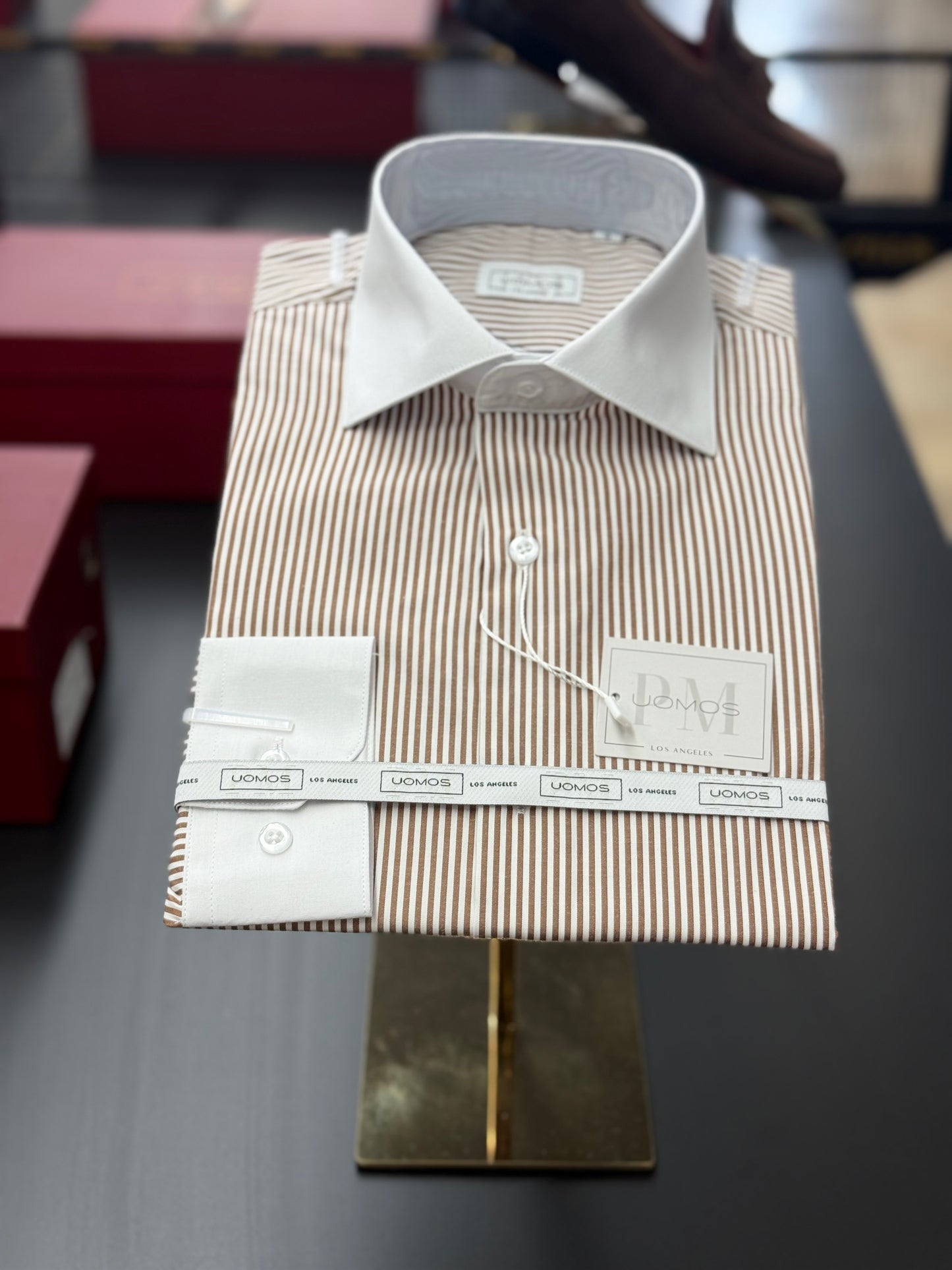 Brown Stripe Contrast White Collar Shirt