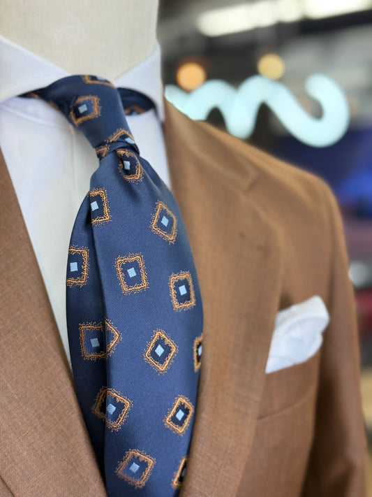 Necktie Navy blue medallion in rust and powder blue
